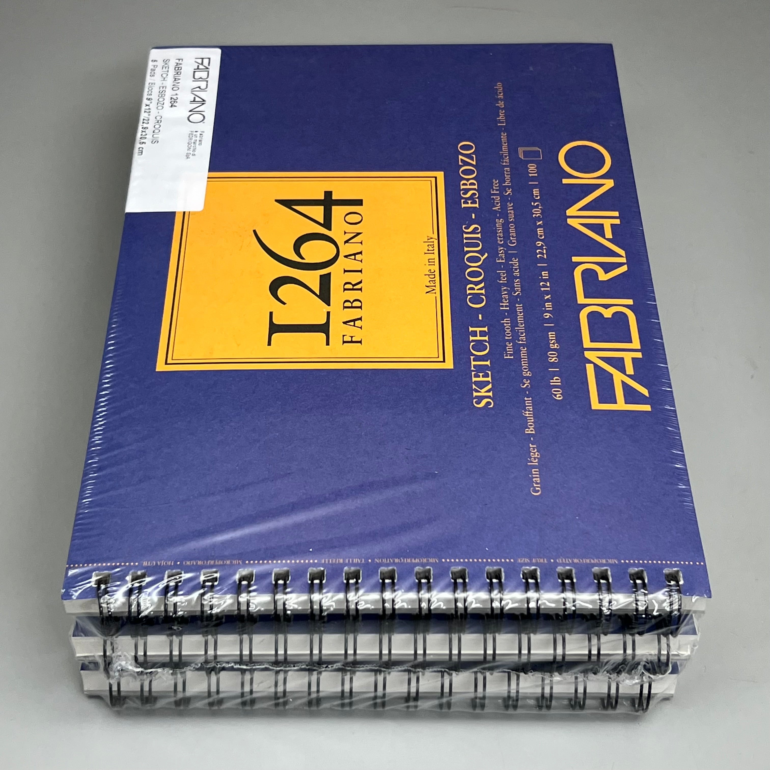 FABRIANO (5 PACK) I264 Sketch Paper Pads 9" x 12" ITALY 100 Sheets (500 TOTAL) White