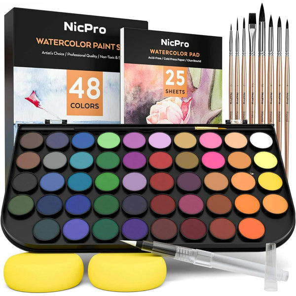 48-Color Watercolor Paint Set with Brushes & Paper