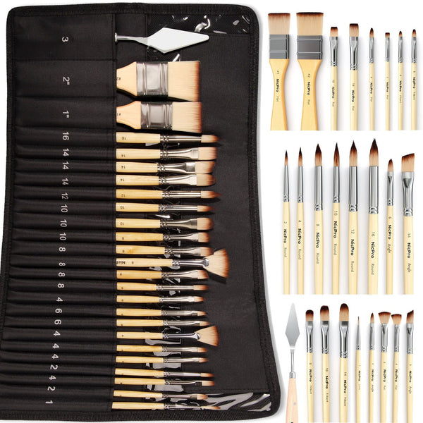 24-Pcs Paint Brush Set with Cloth Roll & Palette Knife