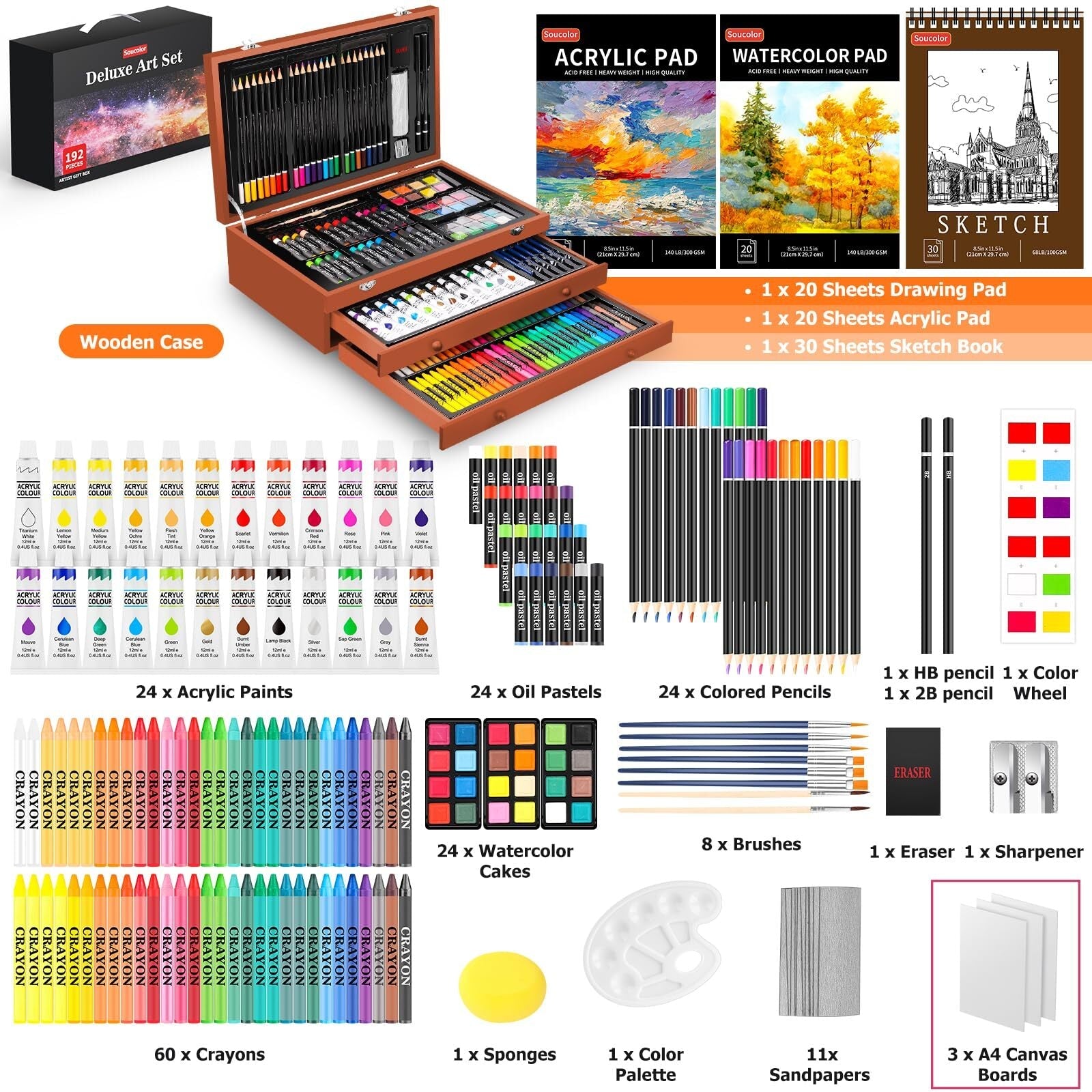 192-Pc Deluxe Art Set – Drawing & Painting Supplies