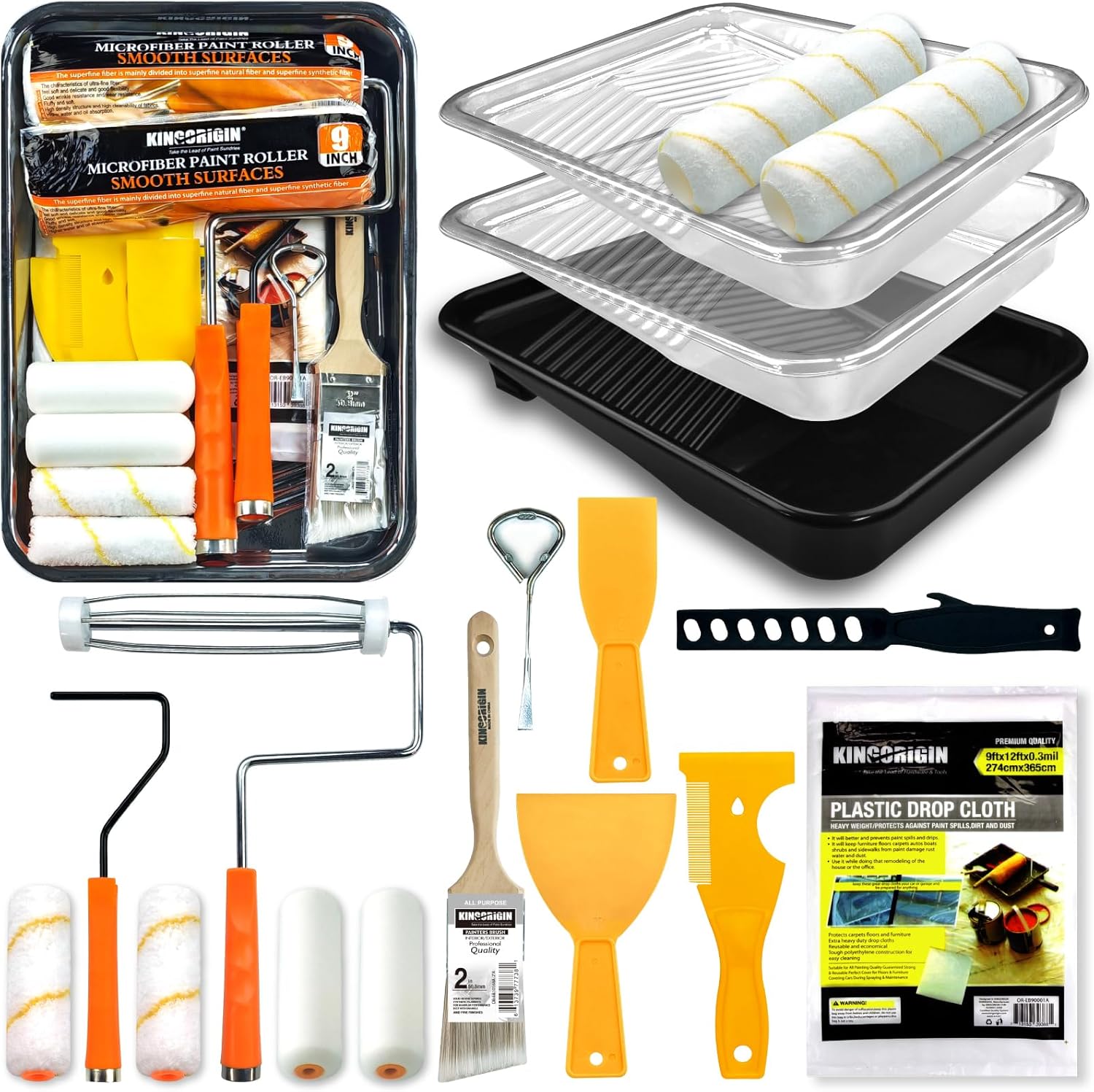 18 Piece Paint Roller Kit, Paint Roller Set, 4-inch 9-inch Paint Rollers for Painting, Paint Tray with Liners, Angle Paint Brush, Drop Cloth, Professional Painting Kit for Home Improvement