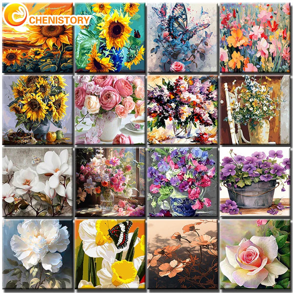 Paint By Numbers Flower Set Colorful Oil Picture Drawing Canvas Frame Acrylic Paint For Adults Kits Coloring By Number Decor Art