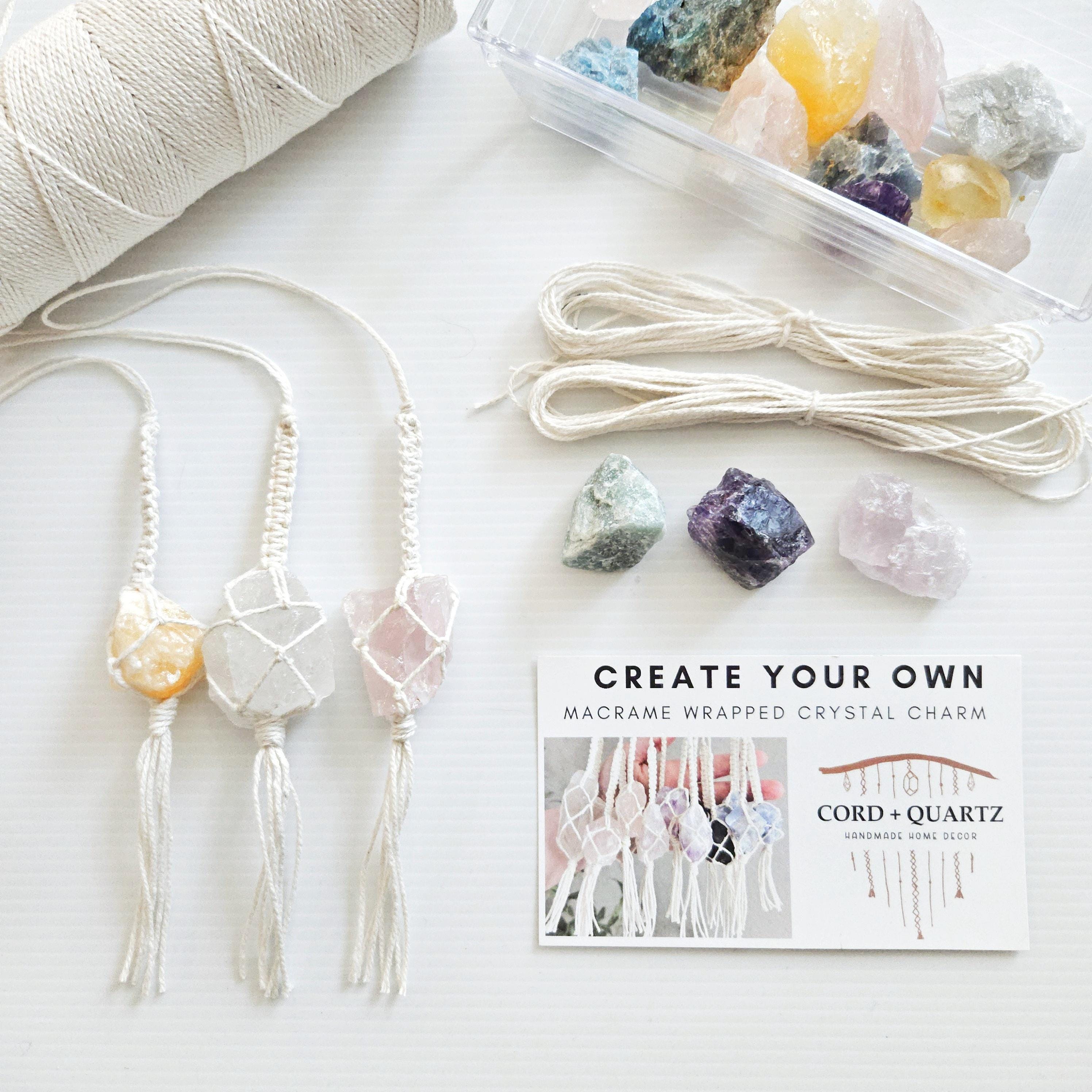 Macrame wrapped crystal rear view mirror charm DIY craft kit.