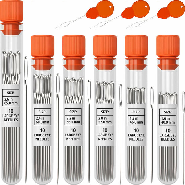 Large Eye Sharp Sewing Needles 6 Sizes 60 PCS Easy Thread